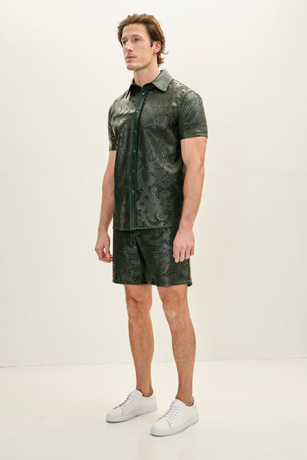 Men's Cut-Out Fitted Leather Shorts - Green - Ron Tomson Los Angeles
