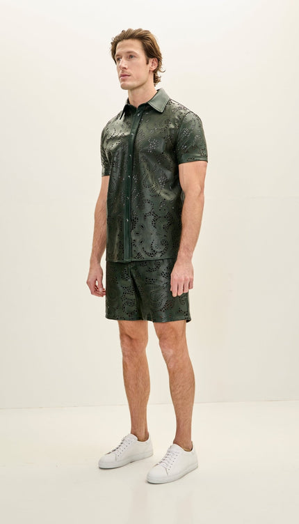 Cut - out Fitted Leather Shorts - Green - Ron Tomson