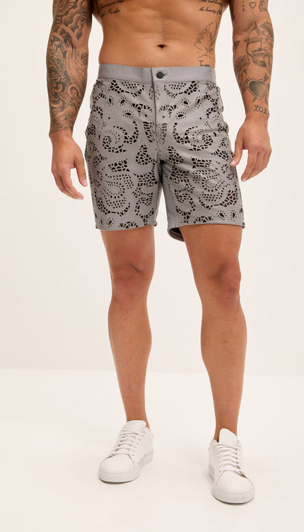Cut - out Fitted Leather Shorts - Grey - Ron Tomson