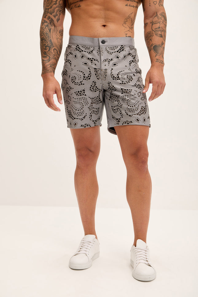 Men's Cut-Out Fitted Leather Shorts - Grey - Ron Tomson Los Angeles