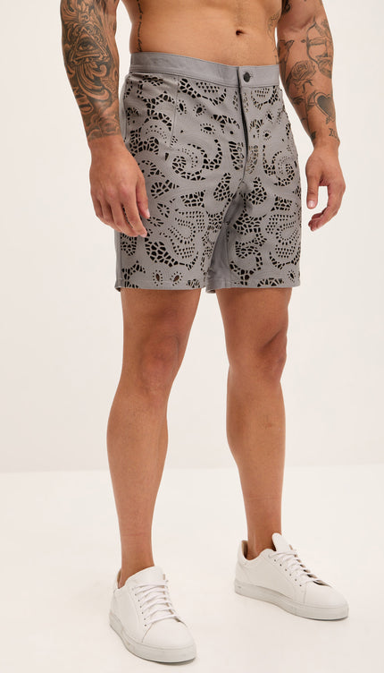 Cut - out Fitted Leather Shorts - Grey - Ron Tomson