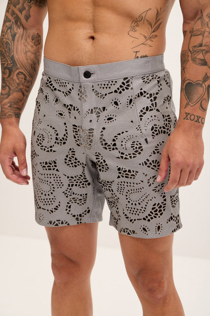 Men's Cut-Out Fitted Leather Shorts - Grey - Ron Tomson Los Angeles