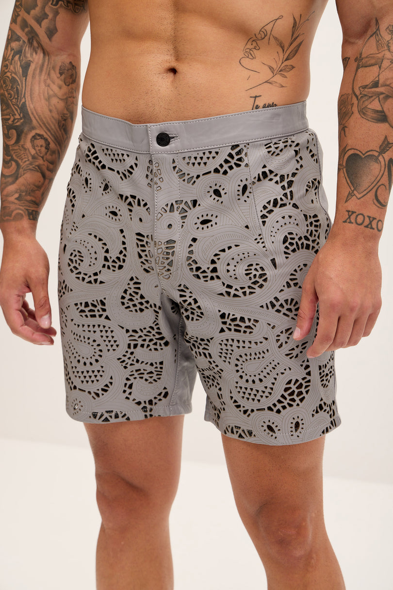 Men's Cut-Out Fitted Leather Shorts - Grey - Ron Tomson Los Angeles