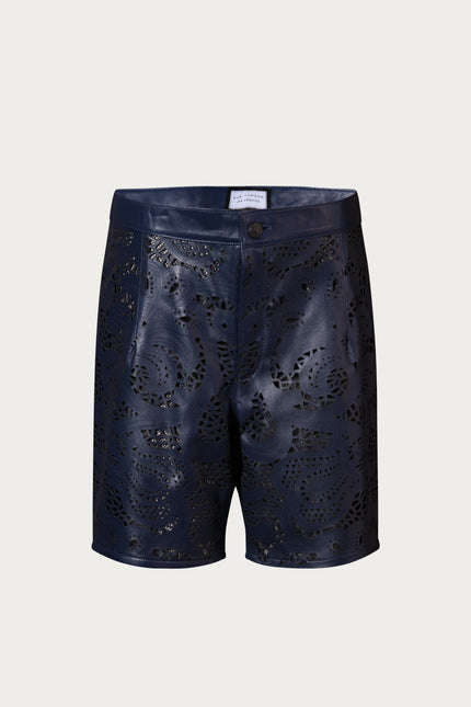 Men's Cut-Out Fitted Leather Shorts - Navy - Ron Tomson Los Angeles