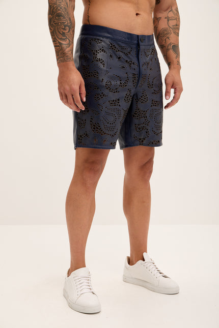 Men's Cut-Out Fitted Leather Shorts - Navy - Ron Tomson Los Angeles