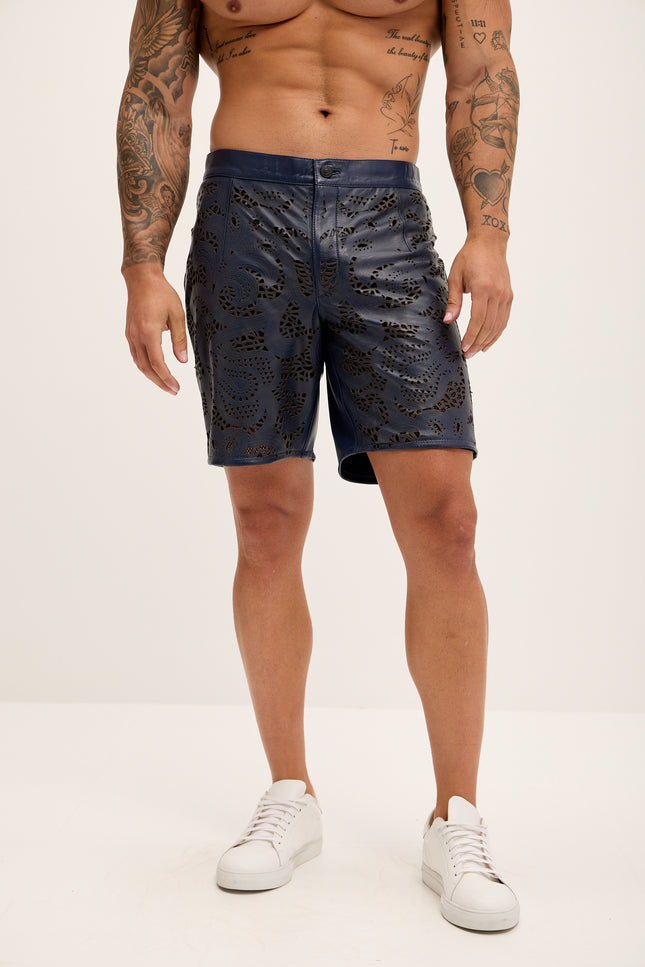 Men's Cut-Out Fitted Leather Shorts - Navy - Ron Tomson Los Angeles