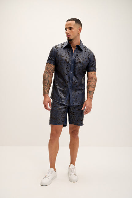 Men's Cut-Out Fitted Leather Shorts - Navy - Ron Tomson Los Angeles