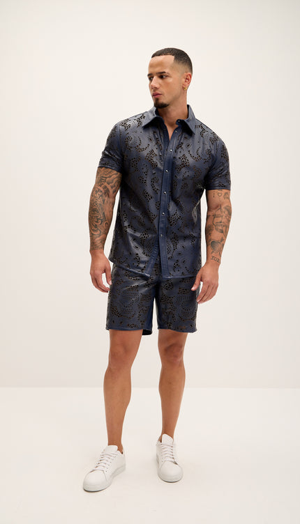 Cut - out Fitted Leather Shorts - Navy - Ron Tomson