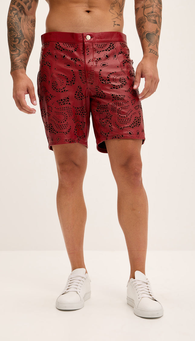 Cut - out Fitted Leather Shorts - Red - Ron Tomson
