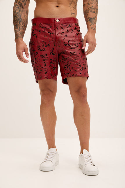 Men's Cut-Out Fitted Leather Shorts - Red - Ron Tomson Los Angeles