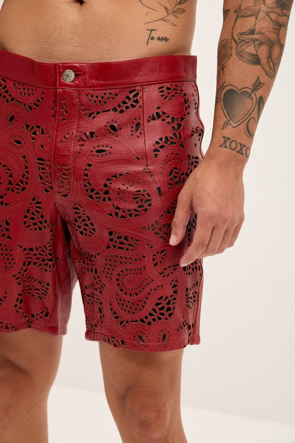 Men's Cut-Out Fitted Leather Shorts - Red - Ron Tomson Los Angeles