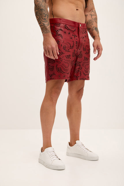 Men's Cut-Out Fitted Leather Shorts - Red - Ron Tomson Los Angeles