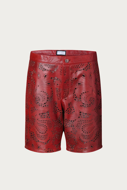 Men's Cut-Out Fitted Leather Shorts - Red - Ron Tomson Los Angeles