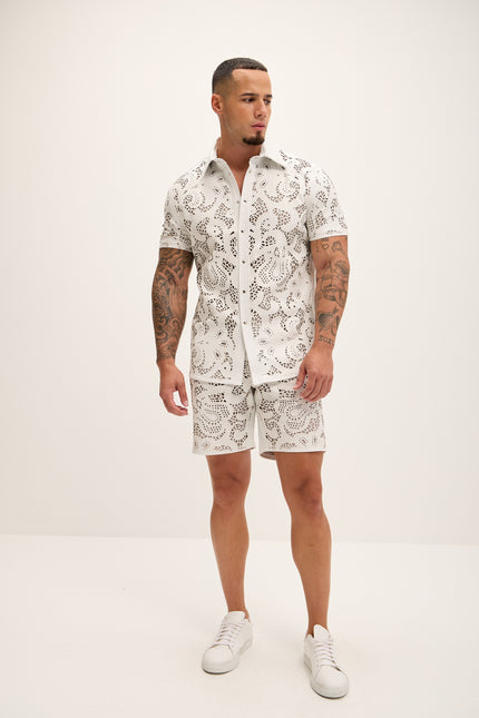 Men's Cut-Out Fitted Leather Shorts - White - Ron Tomson Los Angeles
