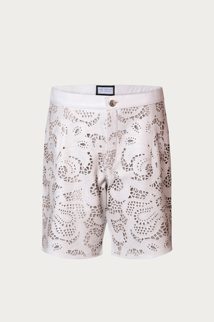 Men's Cut-Out Fitted Leather Shorts - White - Ron Tomson Los Angeles