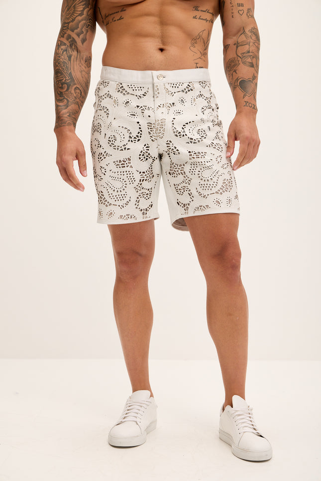 Men's Cut-Out Fitted Leather Shorts - White - Ron Tomson Los Angeles