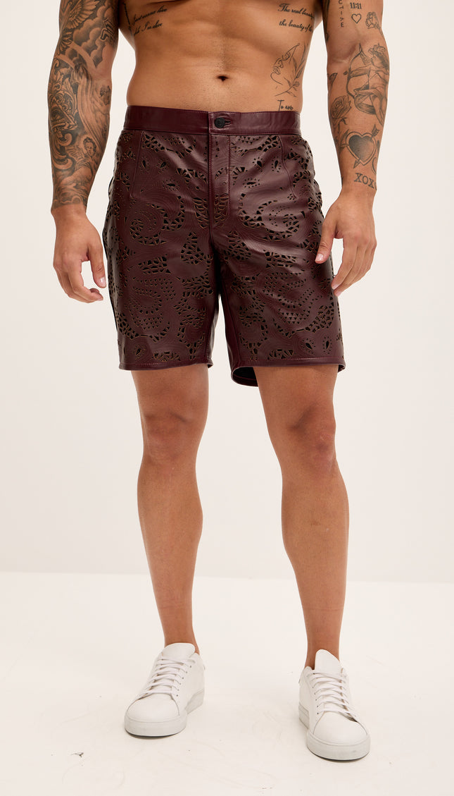 Cut - out Fitted Leather Shorts - Wine - Ron Tomson