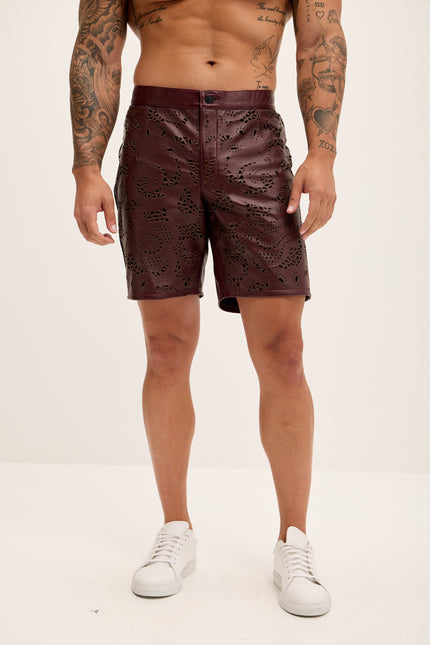 Men's Cut-Out Fitted Leather Shorts - Wine - Ron Tomson Los Angeles