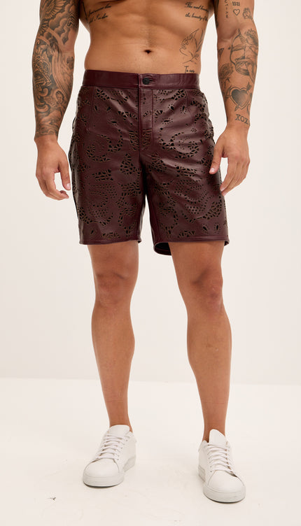 Cut - out Fitted Leather Shorts - Wine - Ron Tomson