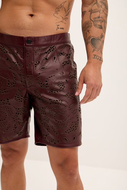 Men's Cut-Out Fitted Leather Shorts - Wine - Ron Tomson Los Angeles