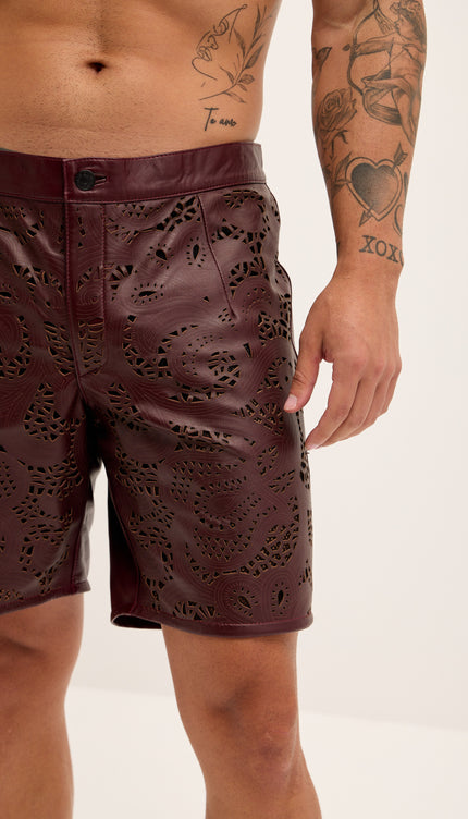 Cut - out Fitted Leather Shorts - Wine - Ron Tomson