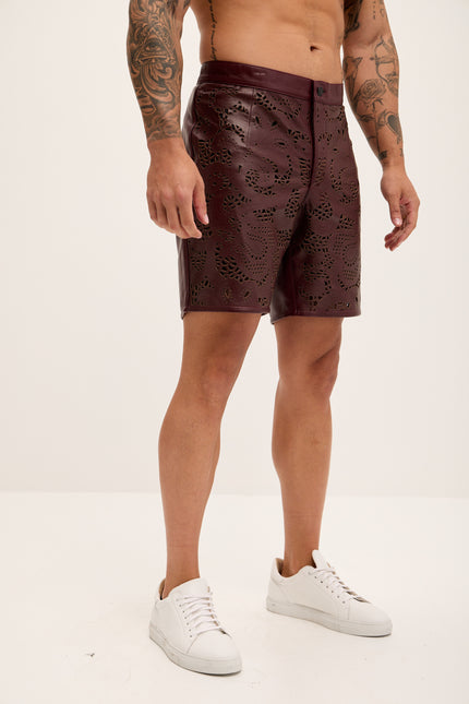 Men's Cut-Out Fitted Leather Shorts - Wine - Ron Tomson Los Angeles