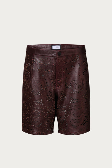 Men's Cut-Out Fitted Leather Shorts - Wine - Ron Tomson Los Angeles