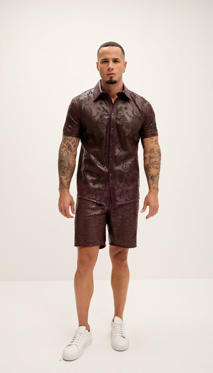 Cut - out Fitted Leather Shorts - Wine - Ron Tomson