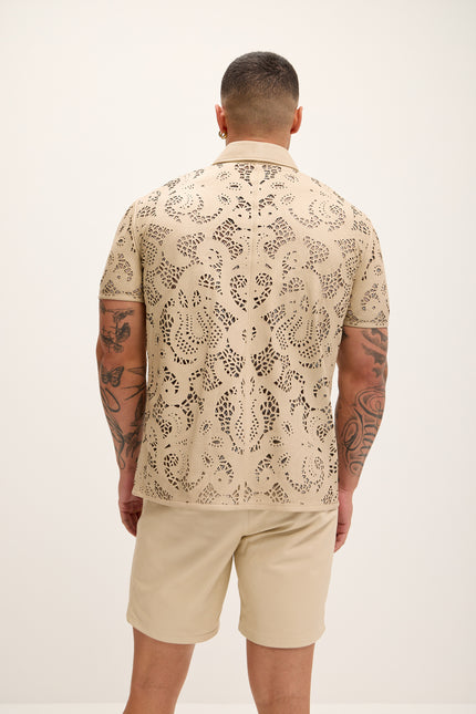 Men's Cut-out Laser Leather Shirt - Beige - Ron Tomson Leather