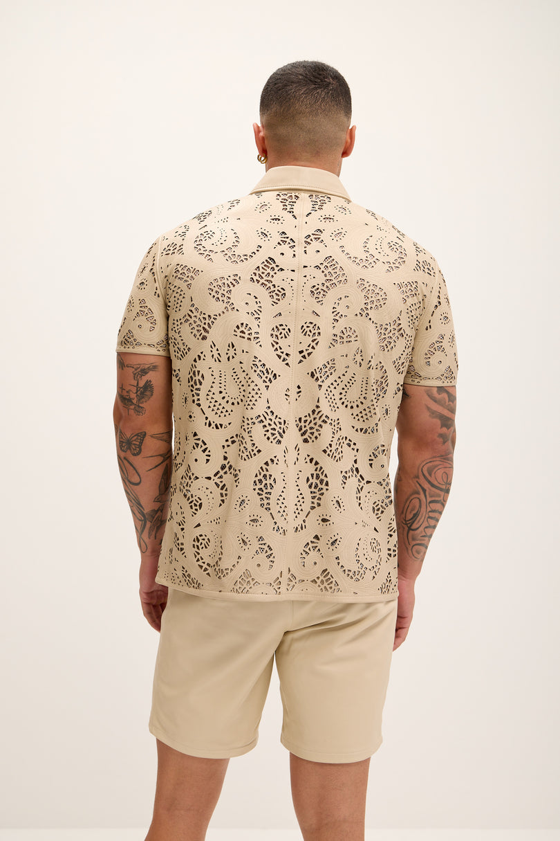 Men's Cut-out Laser Leather Shirt - Beige - Ron Tomson Leather