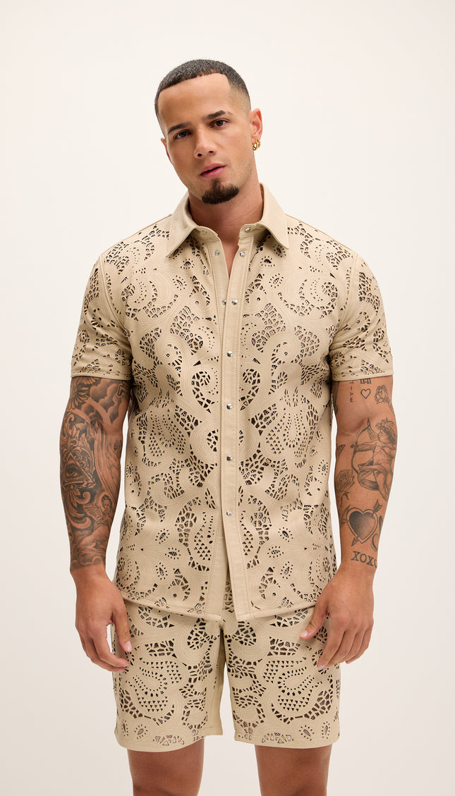 Cut - out Laser Leather Shirt - Beige - Ron Tomson