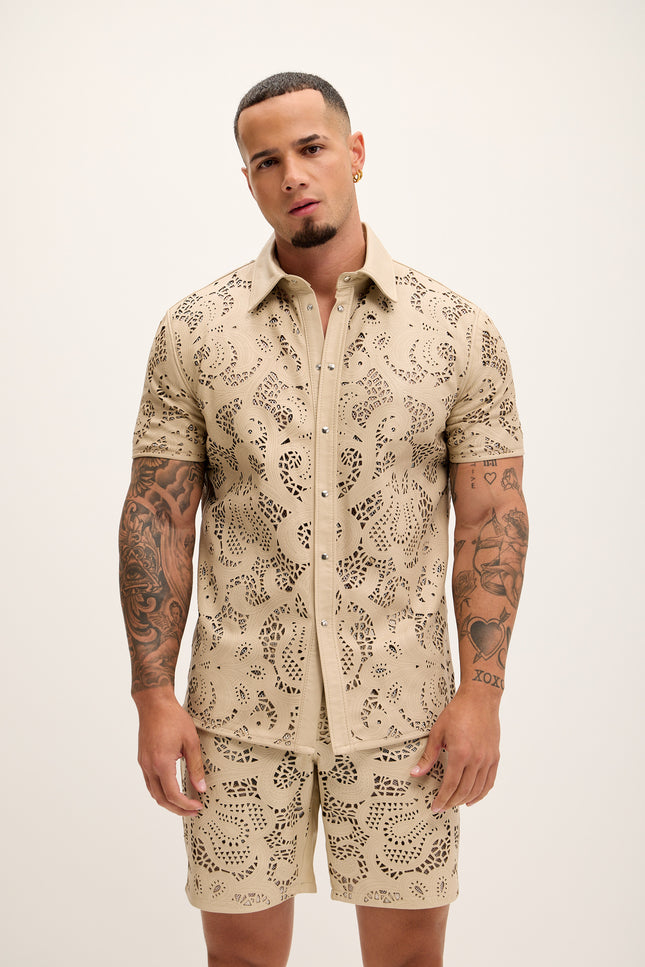 Men's Cut-out Laser Leather Shirt - Beige - Ron Tomson