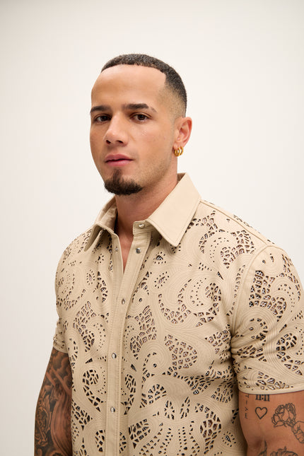 Men's Cut-out Laser Leather Shirt - Beige - Ron Tomson Leather