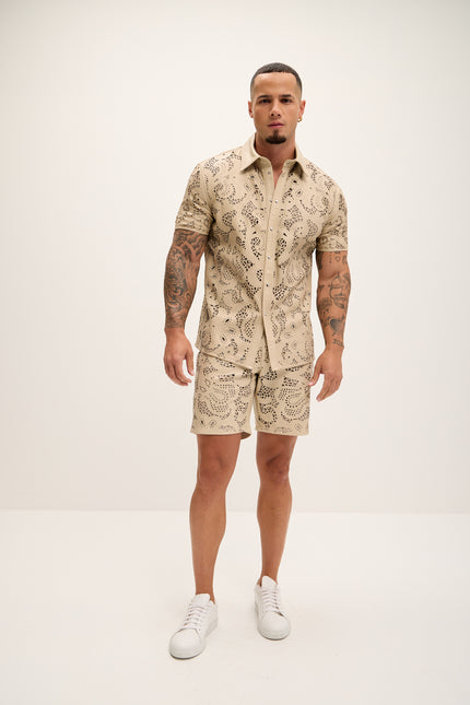 Men's Cut-out Laser Leather Shirt - Beige - Ron Tomson Leather