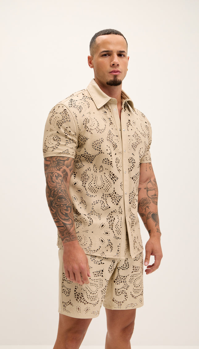 Cut - out Laser Leather Shirt - Beige - Ron Tomson