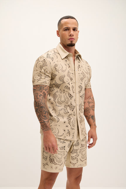 Men's Cut-out Laser Leather Shirt - Beige - Ron Tomson Leather
