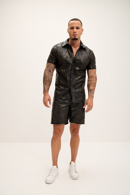 Men's Cut-out Laser Leather Shirt - Black - Ron Tomson Leather