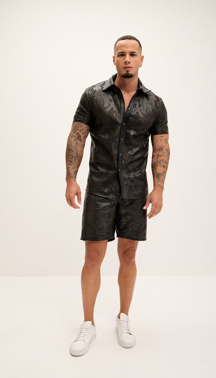 Cut - out Laser Leather Shirt - Black - Ron Tomson