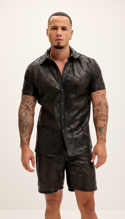 Cut - out Laser Leather Shirt - Black - Ron Tomson