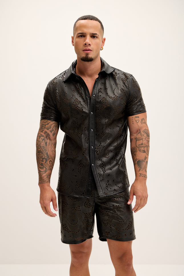 Men's Cut-out Laser Leather Shirt - Black - Ron Tomson