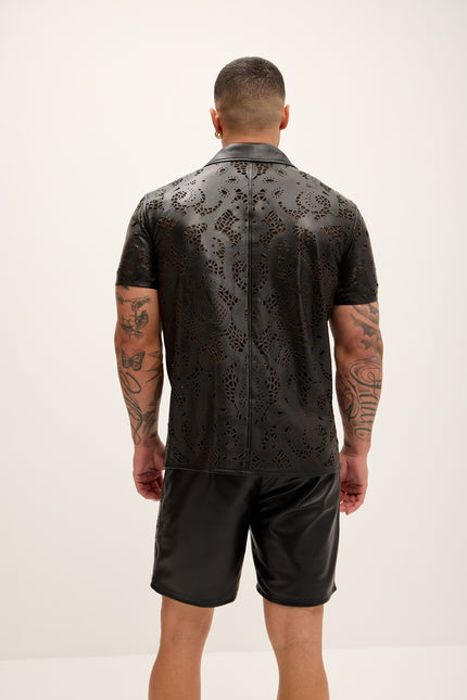 Men's Cut-out Laser Leather Shirt - Black - Ron Tomson Leather