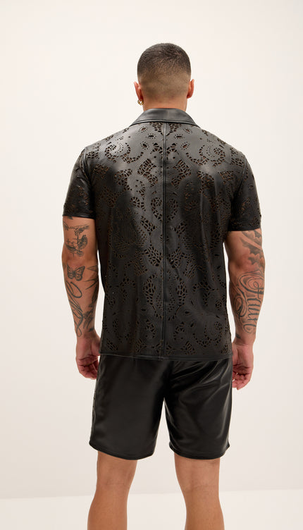 Cut - out Laser Leather Shirt - Black - Ron Tomson