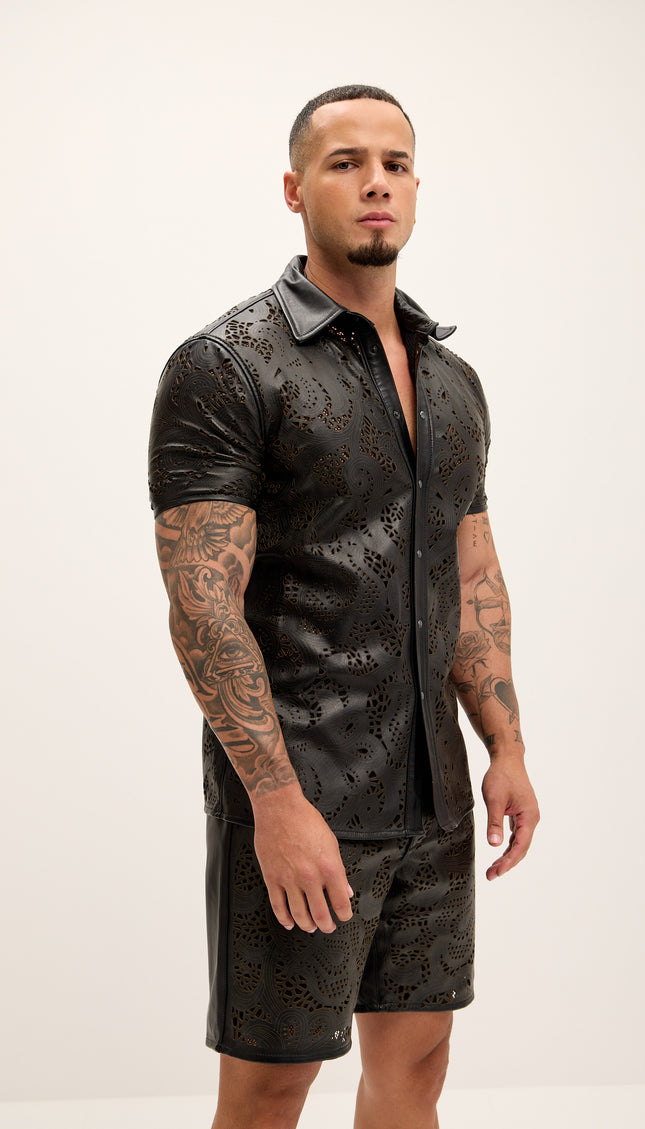 Cut - out Laser Leather Shirt - Black - Ron Tomson