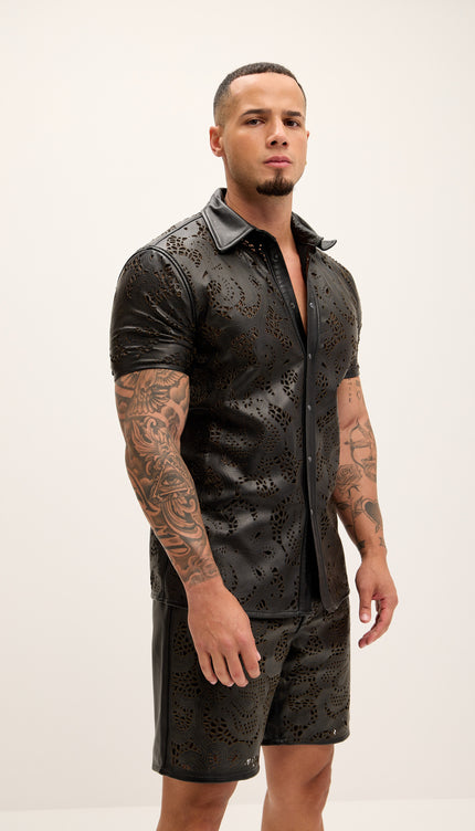 Cut - out Laser Leather Shirt - Black - Ron Tomson