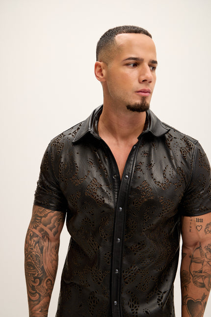 Men's Cut-out Laser Leather Shirt - Black - Ron Tomson Leather