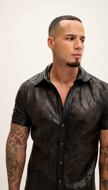 Cut - out Laser Leather Shirt - Black - Ron Tomson