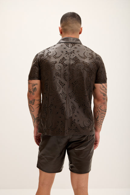 Men's Cut-out Laser Leather Shirt - Dark Brown - Ron Tomson Leather