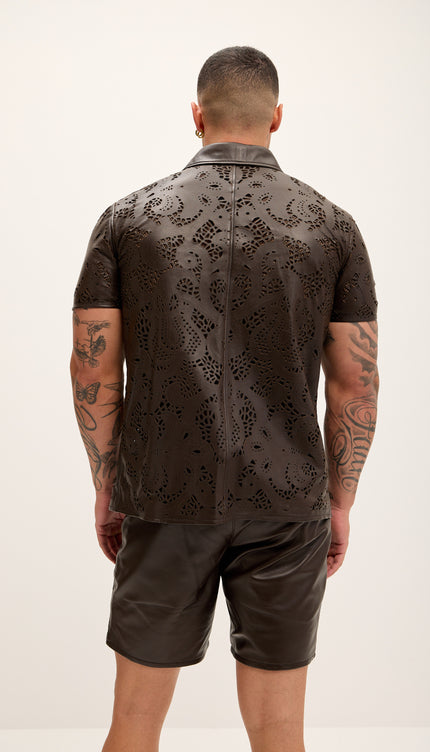 Cut - out Laser Leather Shirt - Dark Brown - Ron Tomson