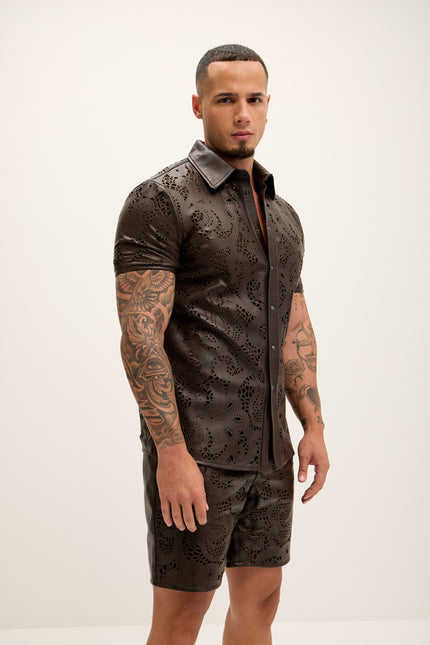 Men's Cut-out Laser Leather Shirt - Dark Brown - Ron Tomson Leather