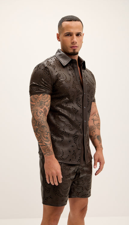 Cut - out Laser Leather Shirt - Dark Brown - Ron Tomson